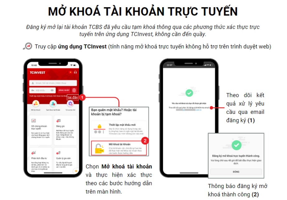 Đăng ký mở lại tài khoản TCBS đã yêu cầu tạm khoá