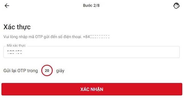 Đăng ký tài khoản chứng khoán Techcommbank bước 1.2 - Nhập mã otp