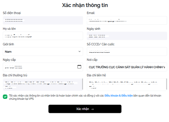 Mở tài khoản chứng khoán VPS - Xác nhận thông tin