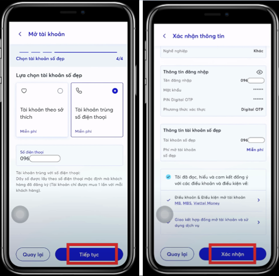 mở tài khoản MBBank Online - chọn tài khoản